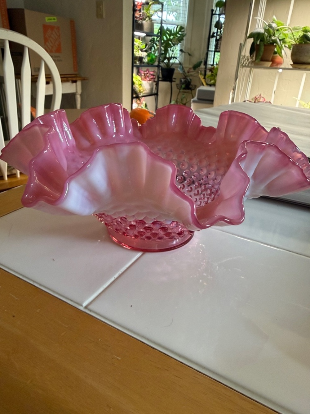 Fenton Pink Ruffled Hobnail Glass Bowl - Decorative Home Art